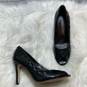 Sam & Libby Black Patent Peep Toe Heels Sz 7.5